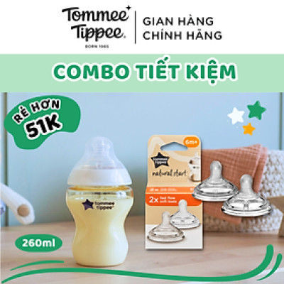 COMBO Bình Sữa PPSU Ty Siêu Mềm Tự Nhiên Tommee Tippee Natural Start 260ml & Núm Ty Silicon Thay Thế 6M+