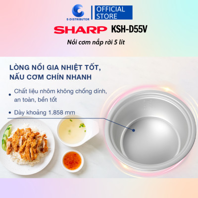 Nồi Cơm Điện Nắp Rời Sharp KSH-D55V (5 Lít)/KSH-D77V (7 Lít) - Trắng - Hàng chính hãng - Bảo Hành 12 Tháng