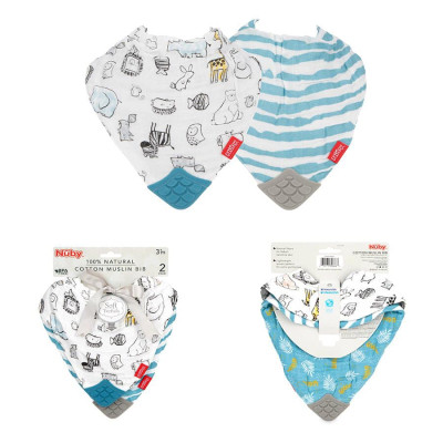 [ 4324-Nuby ] Bộ 2 Yếm Cotton Muslin Bib kèm gặm nướu Silicone