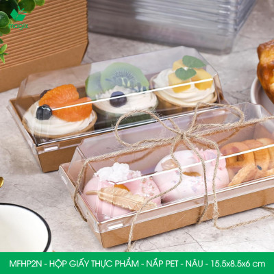 MFHP2N - 15.5x8.5x6 cm - 100 hộp giấy kraft thực phẩm màu nâu nắp Pet, hộp giấy chữ nhật đựng thức ăn, hộp bánh nắp trong