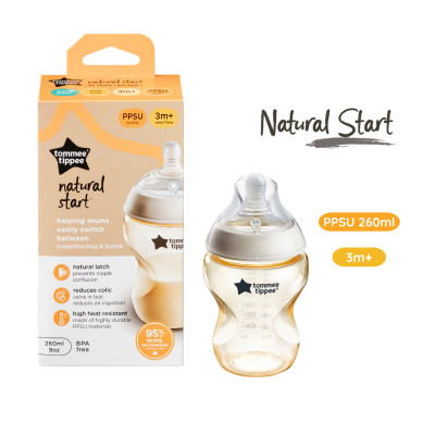 Bình Sữa PPSU Ty Siêu Mềm Tự Nhiên Tommee Tippee Natural Start 260ml, Núm Ty Của Bình 3-6 tháng