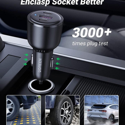 Ugreen UG20467CD239TK 69w 2 cổng Type C + 1 usb A Bộ sạc nhanh 3 cổng điện thoại trên ô tô màu đen - HÀNG CHÍNH HÃNG