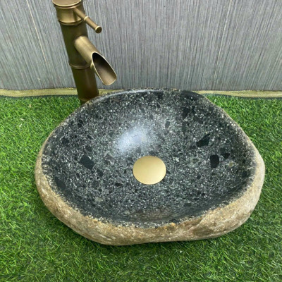 Combo Chậu đá tự nhiên, chậu rửa mặt đá, lavabo đá tự nhiên tây bắc, bền bỉ 1000 năm, đẹp, rất Việt Nam ( Chậu + Vòi + bộ xả)