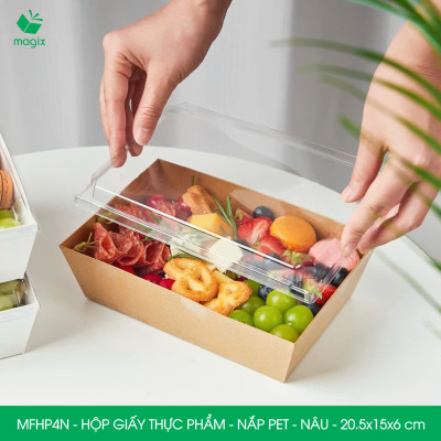MFHP4N - 20.5x15x6 cm - 25 hộp giấy kraft thực phẩm màu nâu nắp Pet, hộp giấy chữ nhật đựng thức ăn, hộp bánh nắp trong