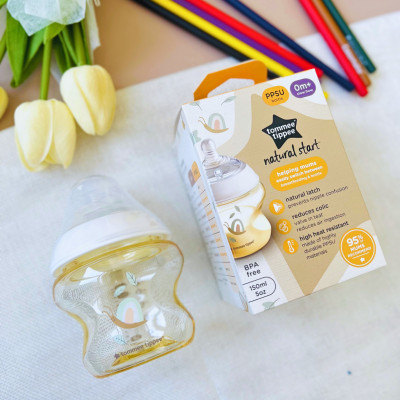 Bình Sữa PPSU Ty Siêu Mềm Tự Nhiên Tommee Tippee 150ml, Núm Ty Của Bình 0-3 Tháng, Họa Tiết