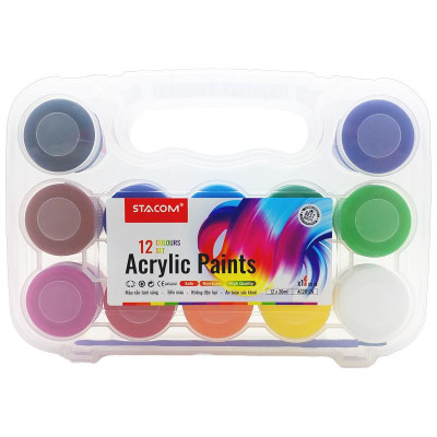 Bộ 12 Màu Acrylic Chuyên Nghiệp 20 ml Kèm Cọ Vẽ - Stacom AC2012A