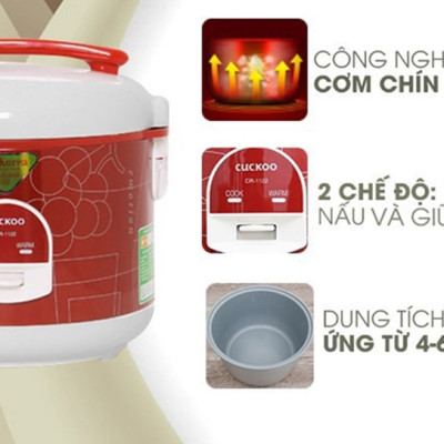 Nồi cơm điện Cuckoo 2.0L CR-1122 Màu đỏ - Giữ ấm tối đa, lòng nồi chống dính- Phiên bản Quốc tế - Hàng chính hãng Cuckoo Vina