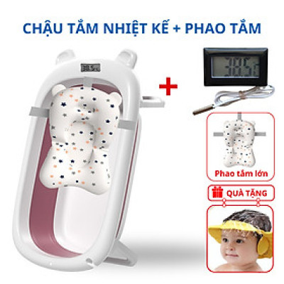 Bồn tắm FTAKY cỡ lớn gấp gọn, có nhiệt kế, cho trẻ kèm phao tắm lớn chất liệu cao cấp, có nút thoát nước (màu ngẫu nhiên)