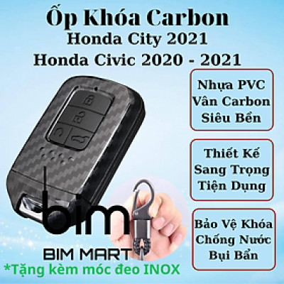Ốp Vân Carbon Lót Silicon Bọc Bảo Vệ Chìa Khóa Xe Honda City 2021, Civic 2020 - 2021 ( Tặng kèm móc đeo INOX )