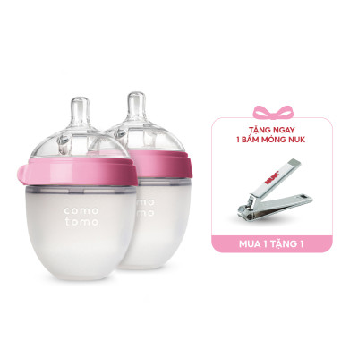 Bộ hai bình sữa silicone Comotomo 150ml - Hồng Tặng Bấm móng sơ sinh NUK