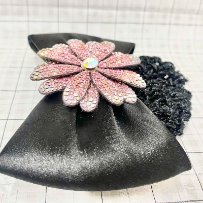 KẸP TÓC BÚI LƯỚI MÀU ĐEN ĐÍNH HÌNH BÔNG HOA ĐÁ MÀU TÍM