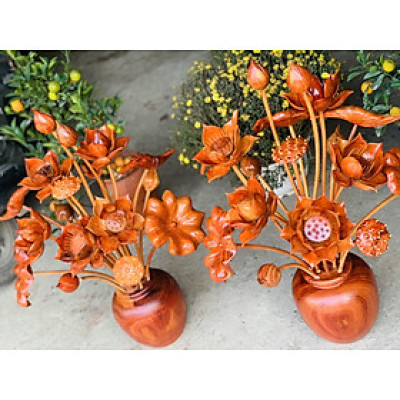 2 Bình hoa sen gỗ hương đỏ 17 bông ,trang trí phòng khách ,phòng thờ siêu đẹp  