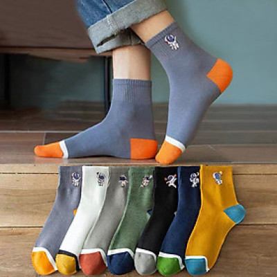 Combo 5 đôi Vớ tất nam cổ trung màu trung tính thêu phi hành gia thông hơi