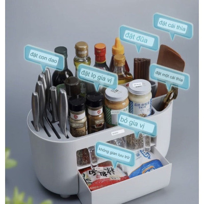 Kệ Đựng Đồ Nhà Bếp  E2114 Có Ngăn Cài Dao, Đựng Đũa Thìa - Kệ Có 6 Ngăn Đựng Gia Vị Cao Cấp