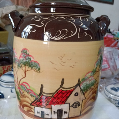 Hũ đựng rượu gạo gốm sứ Bát Tràng vẽ phong cảnh loại 30L