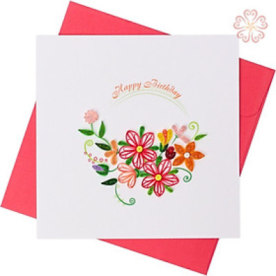 Thiệp Giấy Xoắn Chúc Mừng Sinh Nhật Vòng Hoa Happy Birthday size 15x15cm.