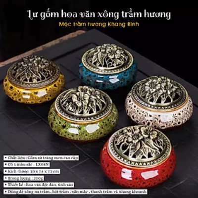 Lư gốm sứ Hoa Văn Xông đốt nụ vân mây nhang Trầm Hương kèm đế lót bông - Mộc Trầm Hương Khang Bình
