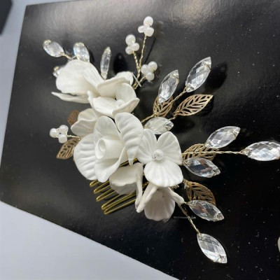 Cài tóc cô dâu hoa đất sét trắng có sẵn xược cài mã 005 - 14cm