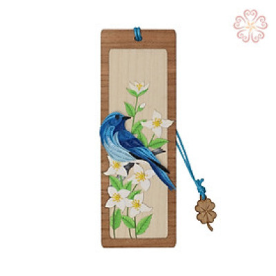 Bookmark giấy xoắn nghệ thuật - chú chim xanh trên cành hoa cúc - size 13.5 x 5.3 cm