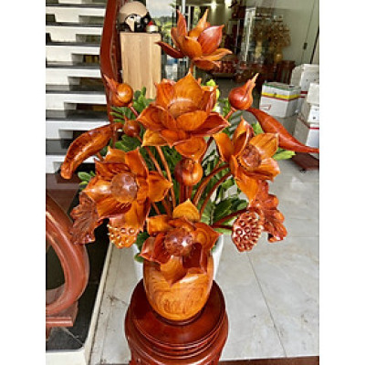 1binh hoa sen 19 hoa lá cành, trang trí phòng khách phòng thờ bằng gỗ hương đỏ  