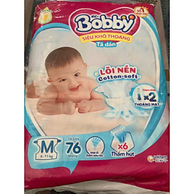 Tã Dán Trẻ Em Bobby Size M 76 Miếng ( M76 Cho Bé 6 Đến 11 Kg) Êm Mềm Khô Thoáng - Bỉm Dán Bobby Size M