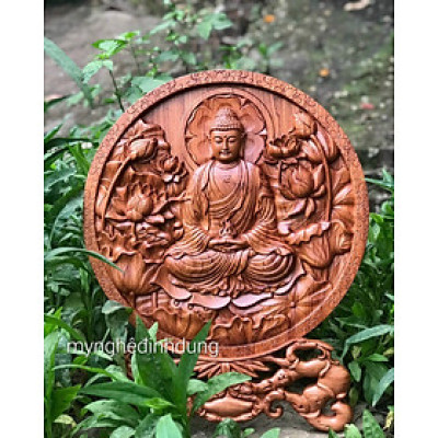 ĐĨA KHẮC PHẬT ADI ĐÀ BẰNG GỖ HƯƠNG ĐÁ KT 45CM 