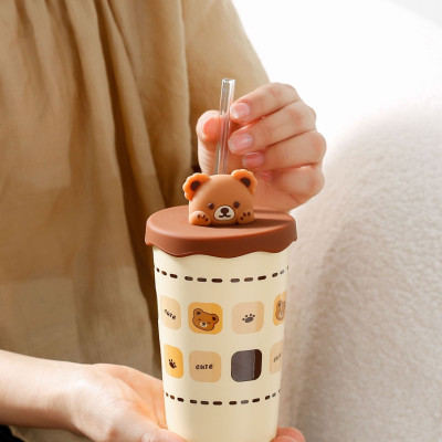 Ly gốm sứ dáng cao đầu gấu kèm nắp silicon dễ thương 420ml