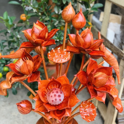 2 Bình hoa sen gỗ hương đỏ 17 bông ,trang trí phòng khách ,phòng thờ siêu đẹp  