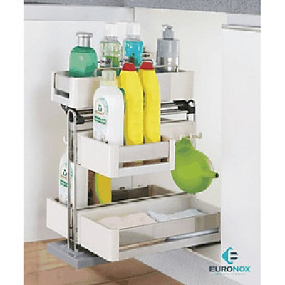  kệ đựng chất tẩy rửa inox kết hợp nhựa cao cấp Kệ đựng chất tẩy rửa inox nan kết hợp nhựa cao cấp, ray âm giảm chấn Luxury Detergent Rack of Stainless Steel Bar and High Quality Plastic with Undermount Drawer Slides