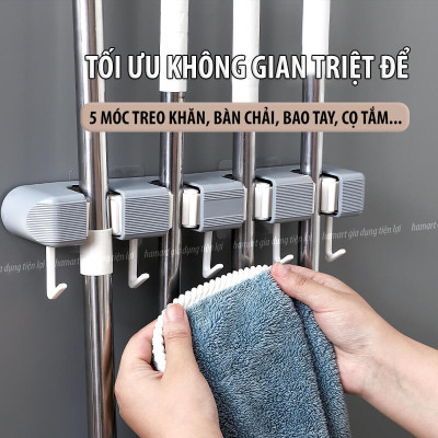 Giá Đỡ Chổi 4 Lỗ Kẹp Cây Lau Nhà 5 Móc Treo Khăn Bàn Chải Cọ Tắm Đa Năng Hamart Dán Tường Siêu Dính