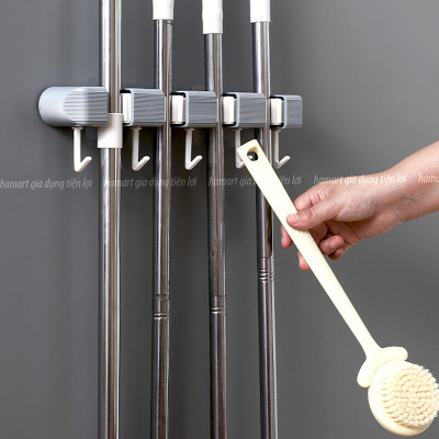 Giá Đỡ Chổi 4 Lỗ Kẹp Cây Lau Nhà 5 Móc Treo Khăn Bàn Chải Cọ Tắm Đa Năng Hamart Dán Tường Siêu Dính
