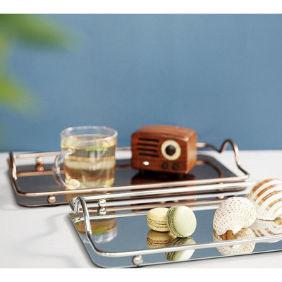 Khay kệ đựng ấm chén cốc tách ly bình nước bằng inox vàng hồng đẹp cao cấp chữ nhật 34x20cm