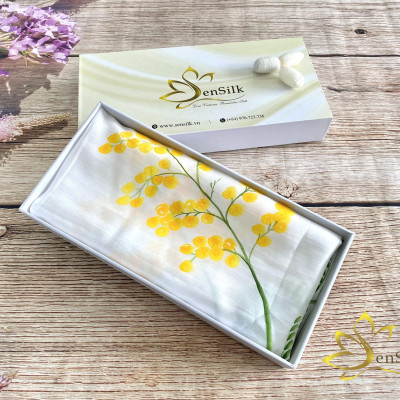 Khăn Lụa Handmade Vẽ Hoa Mimosa SenSilk – Quà Kỷ Niệm Tình Yêu, Khăn Vuông Thời Trang 75*75