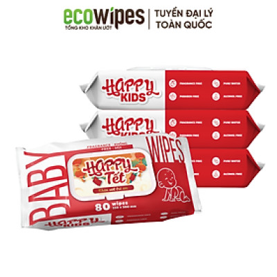 Thùng 10 gói khăn ướt trẻ em Happy Kids gói 80 tờ không mùi siêu tiết kiệm cho bé