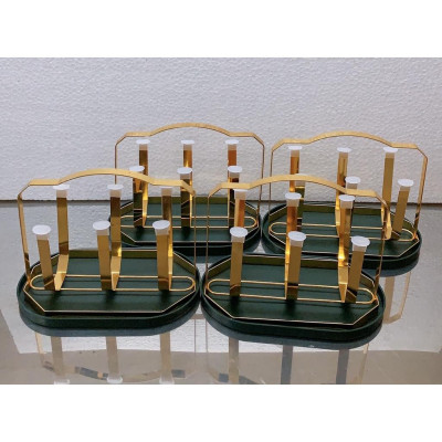 Combo 6 cốc thủy tinh uống nước chịu nhiệt cao cấp họa tiết tống đồng kèm giá úp cốc có khay hứng nước ngọng vàng