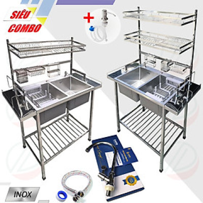 COMBO Chậu Inox 2 Hộc Có Chân Kèm Kệ Úp Chén Đa Năng - Gồm chậu 2 hộc, chân, kệ chén 1 tầng hoặc 2 tầng, vòi Luxta lạnh, tặng rổ rút, dây cấp, keo lụa
