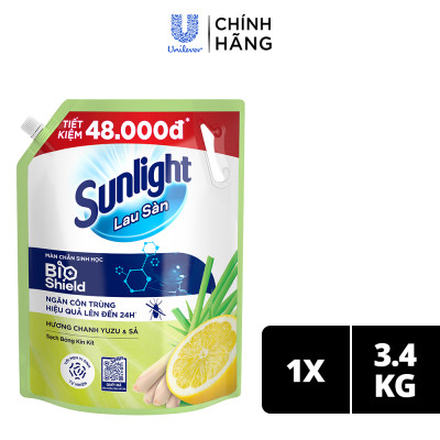 Nước Lau Sàn Sunlight BIOSHIELD Ngăn Côn Trùng Hiệu Quả Hương Chanh Yuzu & Sả Túi 3.4KG