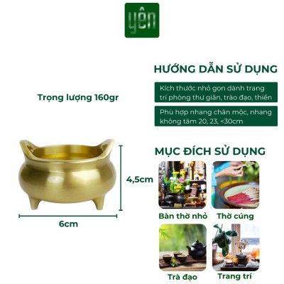 Lư Nhang Thảo Mộc Bằng Đồng Loại Mini Đường Kính 4.4cm x Cao 4cm Trang Trí Bàn Thờ Dâng Hương Thư Giãn Tài Lộc