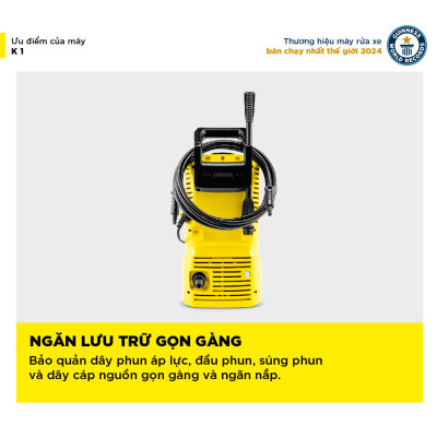(Mới 2024) Máy phun rửa áp lực cao K 1 - Công suất 850W, áp lực tối đa 90 bar - Làm sạch, vệ sinh xe máy, ban công - Hàng Chính Hãng