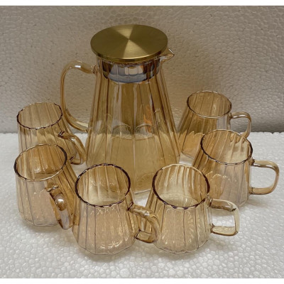 BỘ BÌNH ĐỰNG NƯỚC UỐN KÈM 6 CỐC THỦY TINH MÀU VÀNG GOLD CHỊU NHIỆT CAO CẤP