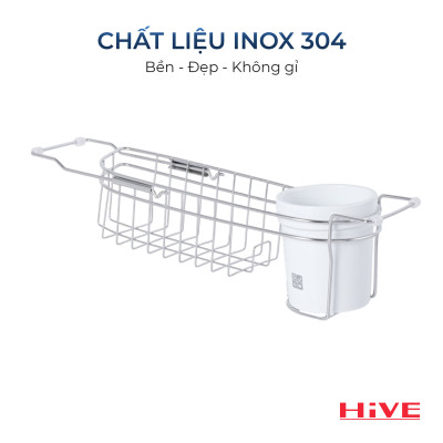 Kệ đựng dụng cụ rửa chén gác bồn HiVE inox 304 tặng kèm ly sứ