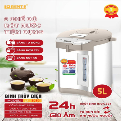 Bình Thủy Điện Lorente LT-5050 750W Phích điện 5L ruột bình bằng inox 304 tự động đun sôi khi nước nguội 3 chế độ rót nước tiện dụng tự động, bơm tay, nút ấn - Hàng Chính Hãng