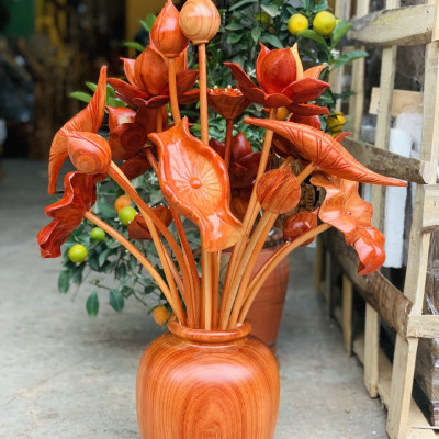 2 Bình hoa sen gỗ hương đỏ 17 bông ,trang trí phòng khách ,phòng thờ siêu đẹp  