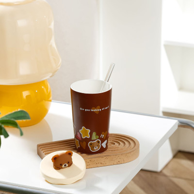Ly gốm sứ dáng cao đầu gấu kèm nắp silicon dễ thương 420ml
