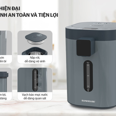 Bình thủy điện Sunhouse SHD1440, Công suất 680W, Dung tích 3.2 Lít, Chất liệu ruột bình inox 304, Điều khiển cảm ứng, Có thể tùy chỉnh nhiệt độ nước với 11 mức nhiệt từ 40 - 90 độ, Bảo hành 12 tháng - Hàng chính hãng