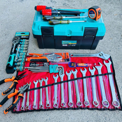 Bộ dụng cụ 46 món đồ sửa chữa xe máy, máy móc: hộp đựng đồ, cle, mỏ lết, lục giác, tuýp, tô vít.GF46