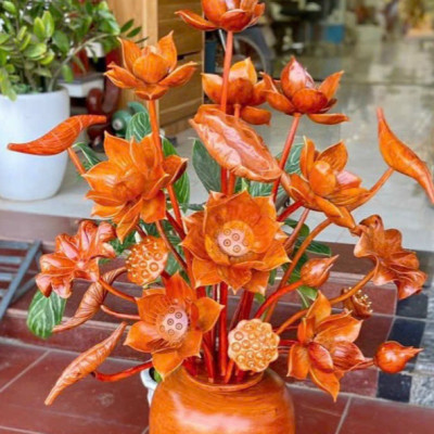 2 bình hoa sen 25 bông phong thủy trang trí phòng khách phòng thờ bằng gỗ hương đá cực đẹp 