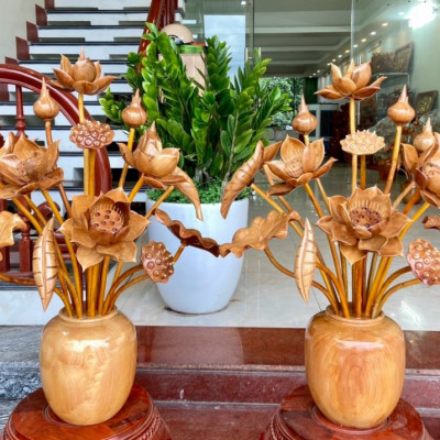 2 Bình hoa sen bằng gỗ ngọc am ,15 cành ,trang trí phòng khách ,phòng thờ đẹp long lanh 