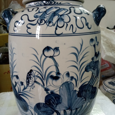 Hũ đựng gạo gốm sứ Bát Tràng vẽ cá chép loại 15L