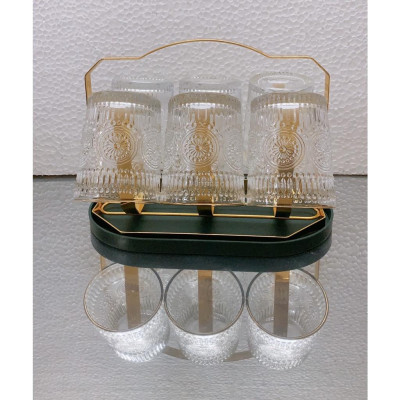 Combo 6 cốc thủy tinh uống nước chịu nhiệt cao cấp họa tiết tống đồng kèm giá úp cốc có khay hứng nước ngọng vàng